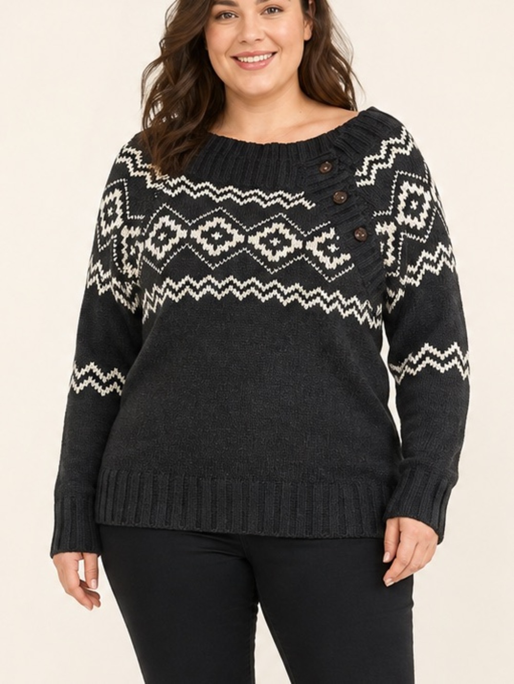 Lolë Jackie Fair Isle Lambswool Blend Off-Shoulder Sweater Size XL